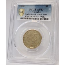 AUSTRALIA 2000 . ONE 1 DOLLAR COIN . ERROR . MULE . STRUCK ON TEN 10 CENTS